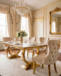 Arianna White & Gold Marble & Gold Dining Set with Cream Victoria Lion Knocker Chairs