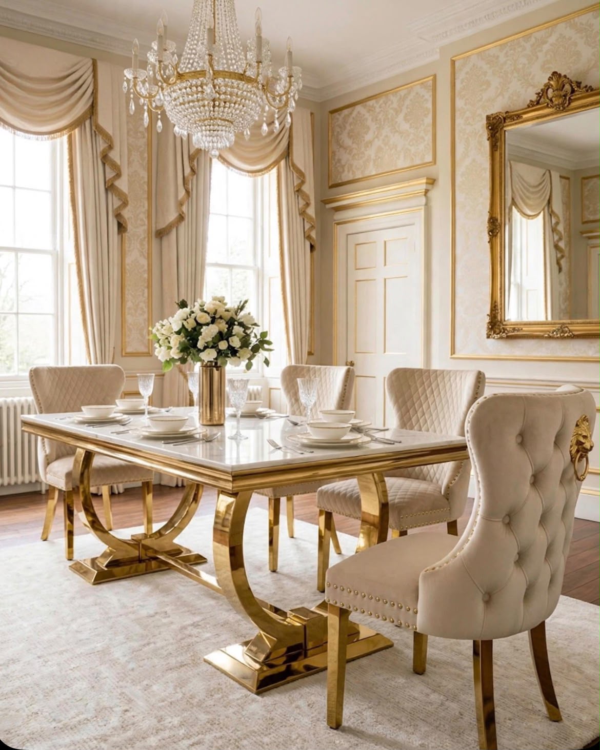 Arianna White & Gold Marble & Gold Dining Set with Cream Victoria Lion Knocker Chairs