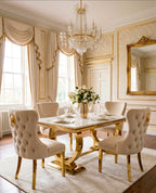 Arianna White & Gold Marble & Gold Dining Set with Cream Victoria Lion Knocker Chairs
