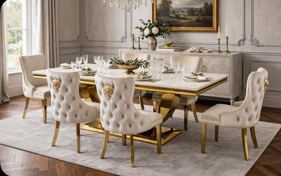 Arianna White & Gold Marble & Gold Dining Set with Cream Victoria Lion Knocker Chairs