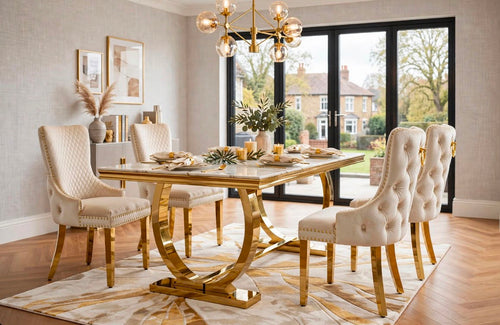 Arianna White & Gold Marble & Gold Dining Set with Cream Sofia Chairs