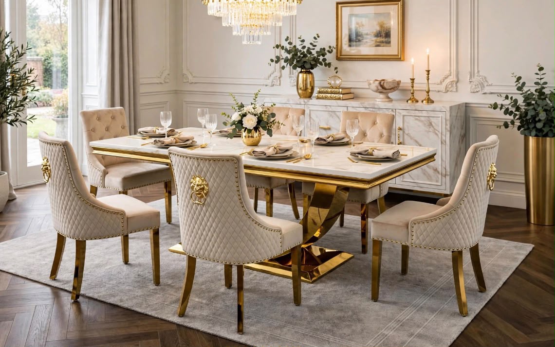 Arianna White & Gold Marble & Gold Dining Set with Cream Victoria Lion Knocker Chairs