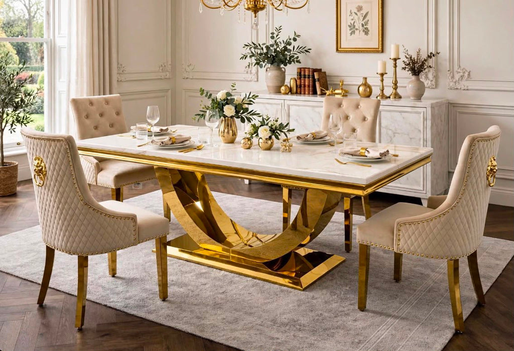Arianna White & Gold Marble & Gold Dining Set with Cream Victoria Lion Knocker Chairs