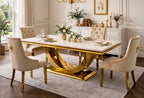Arianna White & Gold Marble & Gold Dining Set with Cream Victoria Lion Knocker Chairs