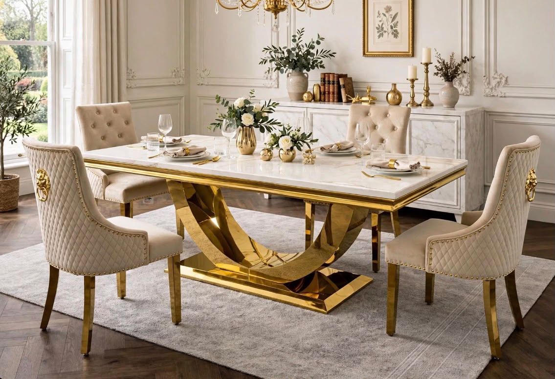 Arianna White & Gold Marble & Gold Dining Set with Cream Victoria Lion Knocker Chairs