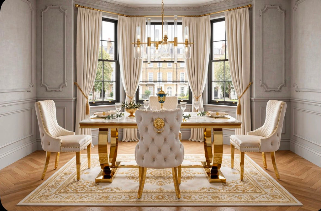 Arianna White & Gold Marble & Gold Dining Set with Cream Victoria Lion Knocker Chairs