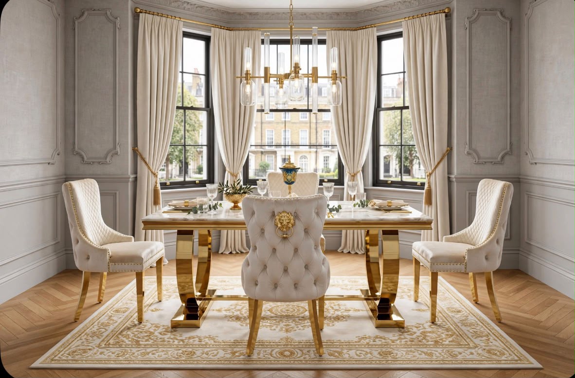 Arianna White & Gold Marble & Gold Dining Set with Cream Victoria Lion Knocker Chairs