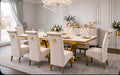 Arianna White & Gold Marble & Gold Dining Set with Grey Victoria Lion Knocker Chairs