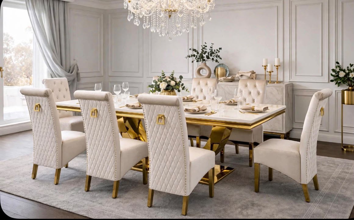 Arianna White & Gold Marble & Gold Dining Set with Grey Victoria Lion Knocker Chairs