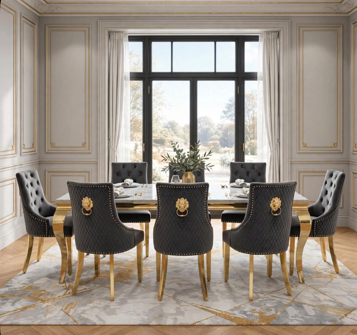 Elina Black & Gold Marble & Gold Dining Set with Black Victoria Lion Knocker Chairs