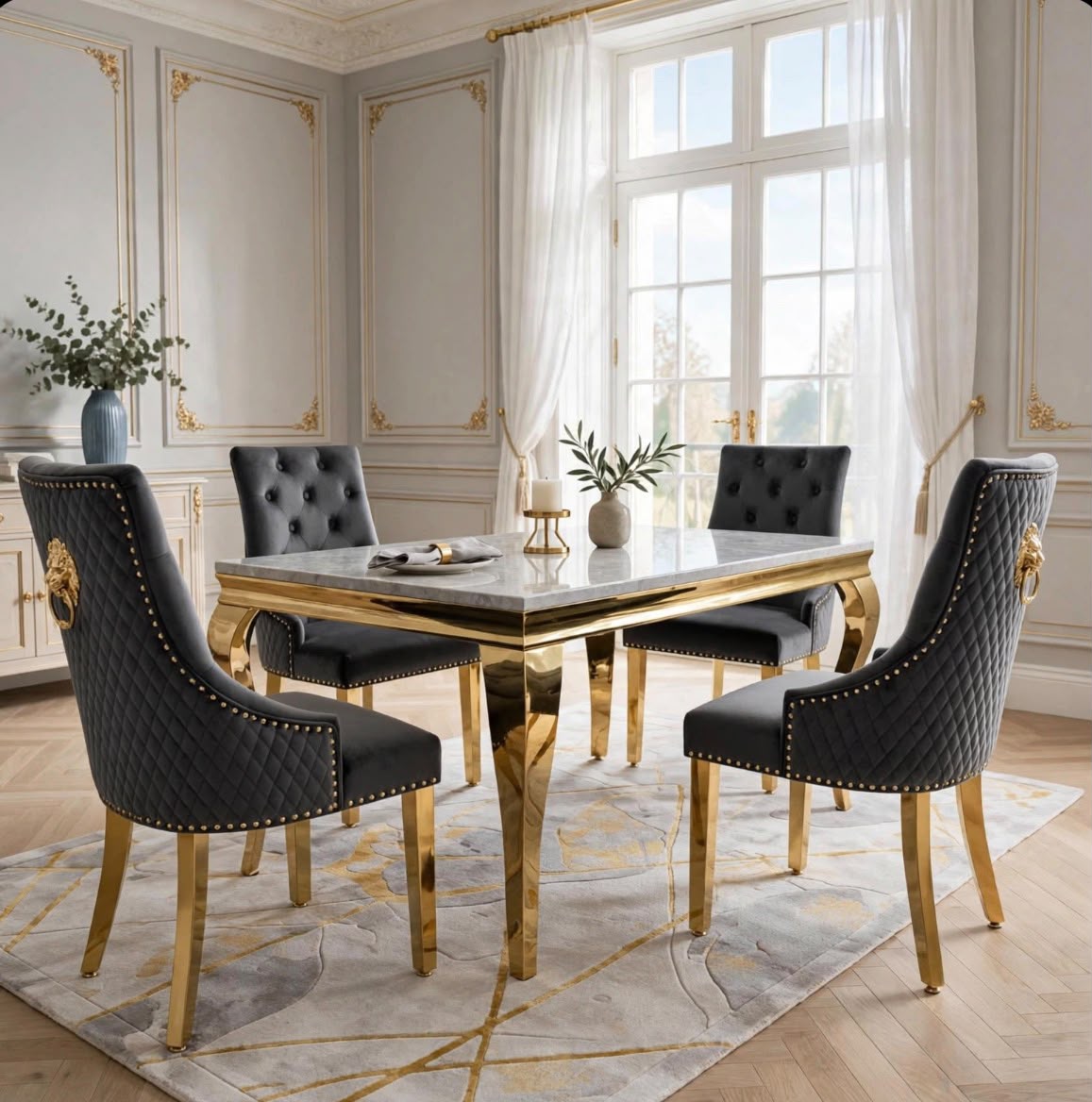 Elina Black & Gold Marble & Gold Dining Set with Black Victoria Lion Knocker Chairs