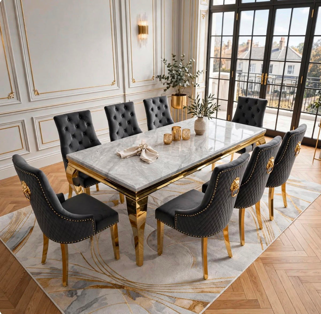 Elina Black & Gold Marble & Gold Dining Set with Black Victoria Lion Knocker Chairs