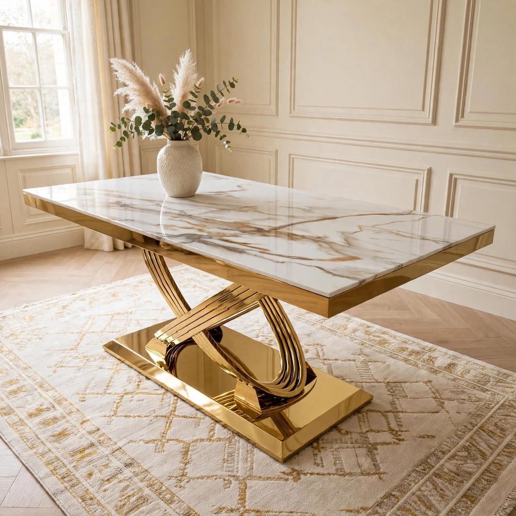 Elina White Marble & Gold Dining Table luxury marble dining table