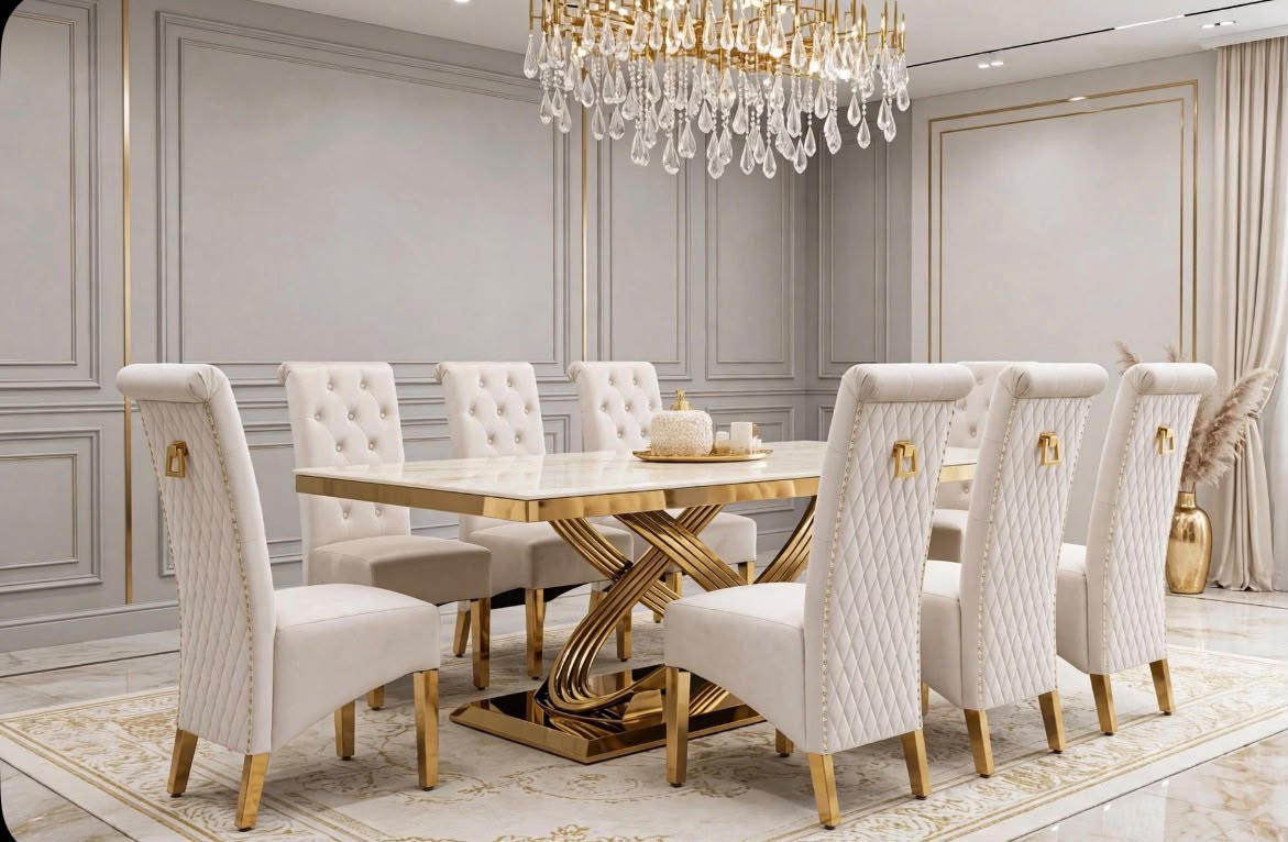 Elina White & Gold Marble & Gold Dining Set with Cream Sofia Chairs