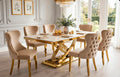 Elina White & Gold Marble & Gold Dining Set with Cream Victoria Lion Knocker Chairs