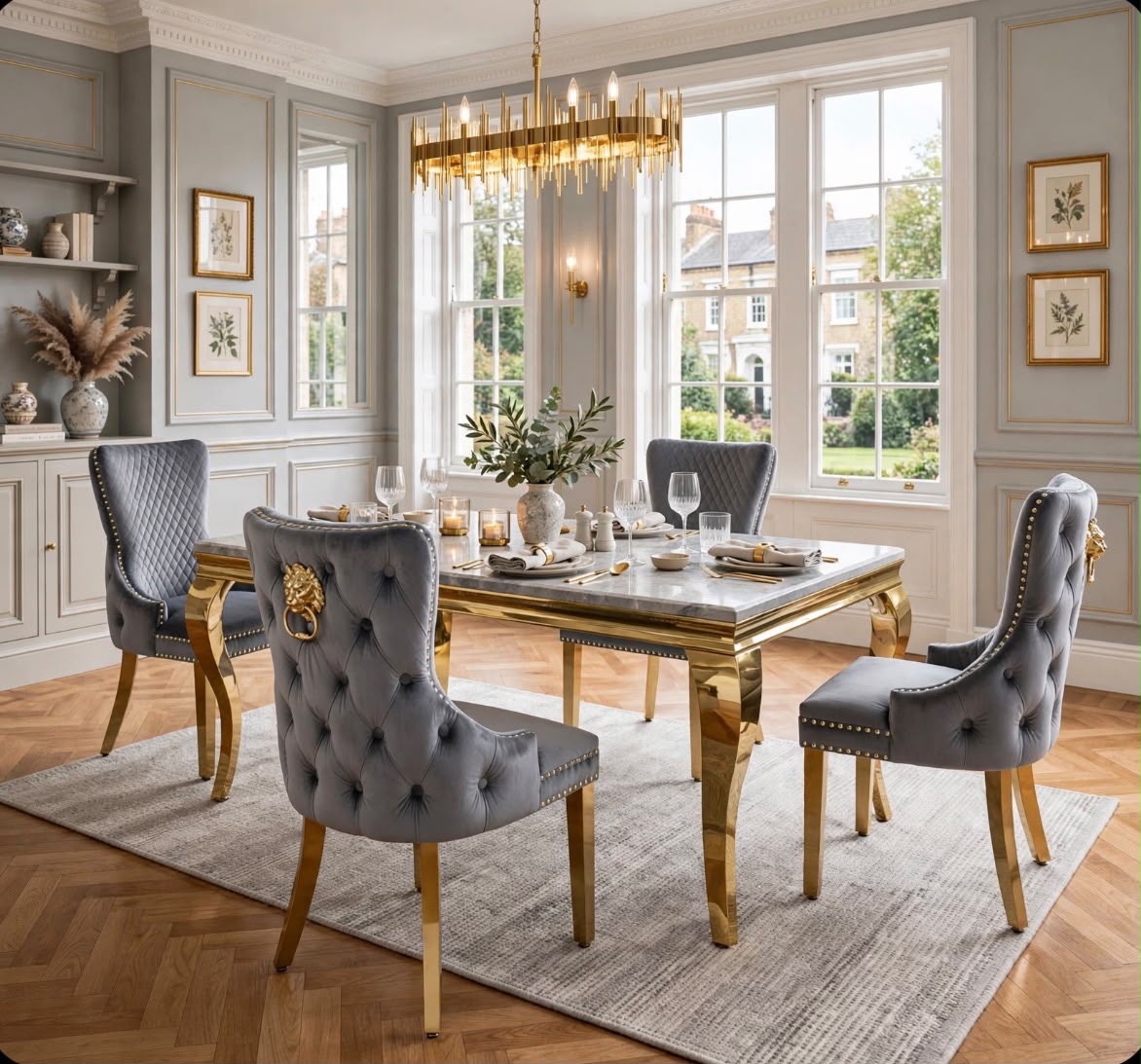 Elina White & Gold Marble & Gold Dining Set with Grey Victoria Lion Knocker Chairs