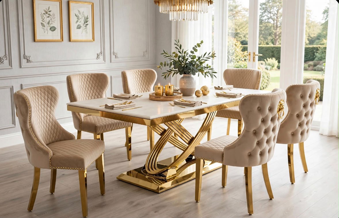 Elina White & Gold Marble & Gold Dining Set with Cream Victoria Lion Knocker Chairs