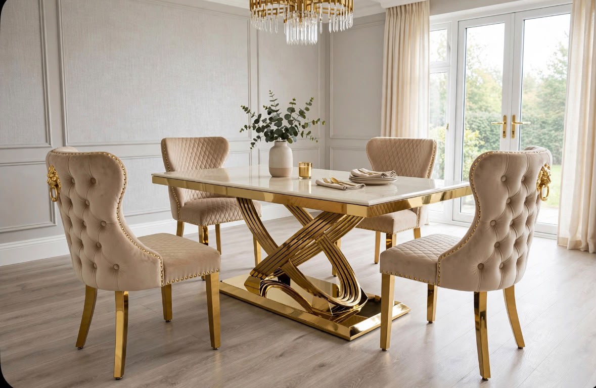 Elina White & Gold Marble & Gold Dining Set with Cream Victoria Lion Knocker Chairs