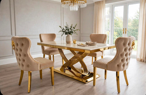 Elina White & Gold Marble & Gold Dining Set with Cream Victoria Lion Knocker Chairs
