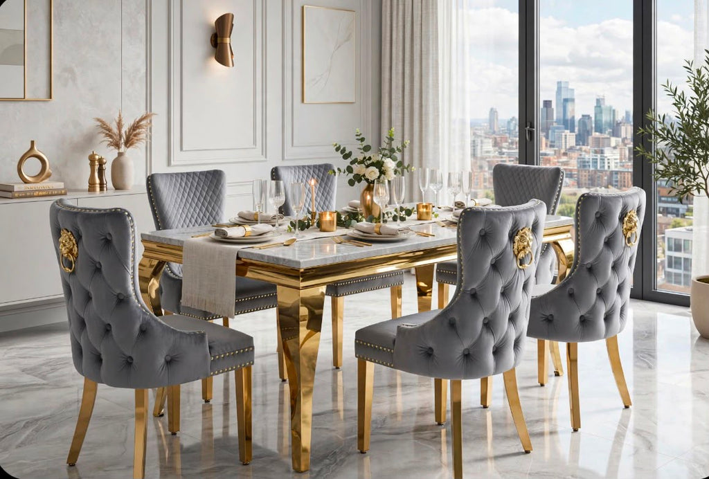 Elina White & Gold Marble & Gold Dining Set with Grey Victoria Lion Knocker Chairs