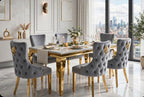 Elina White & Gold Marble & Gold Dining Set with Grey Victoria Lion Knocker Chairs