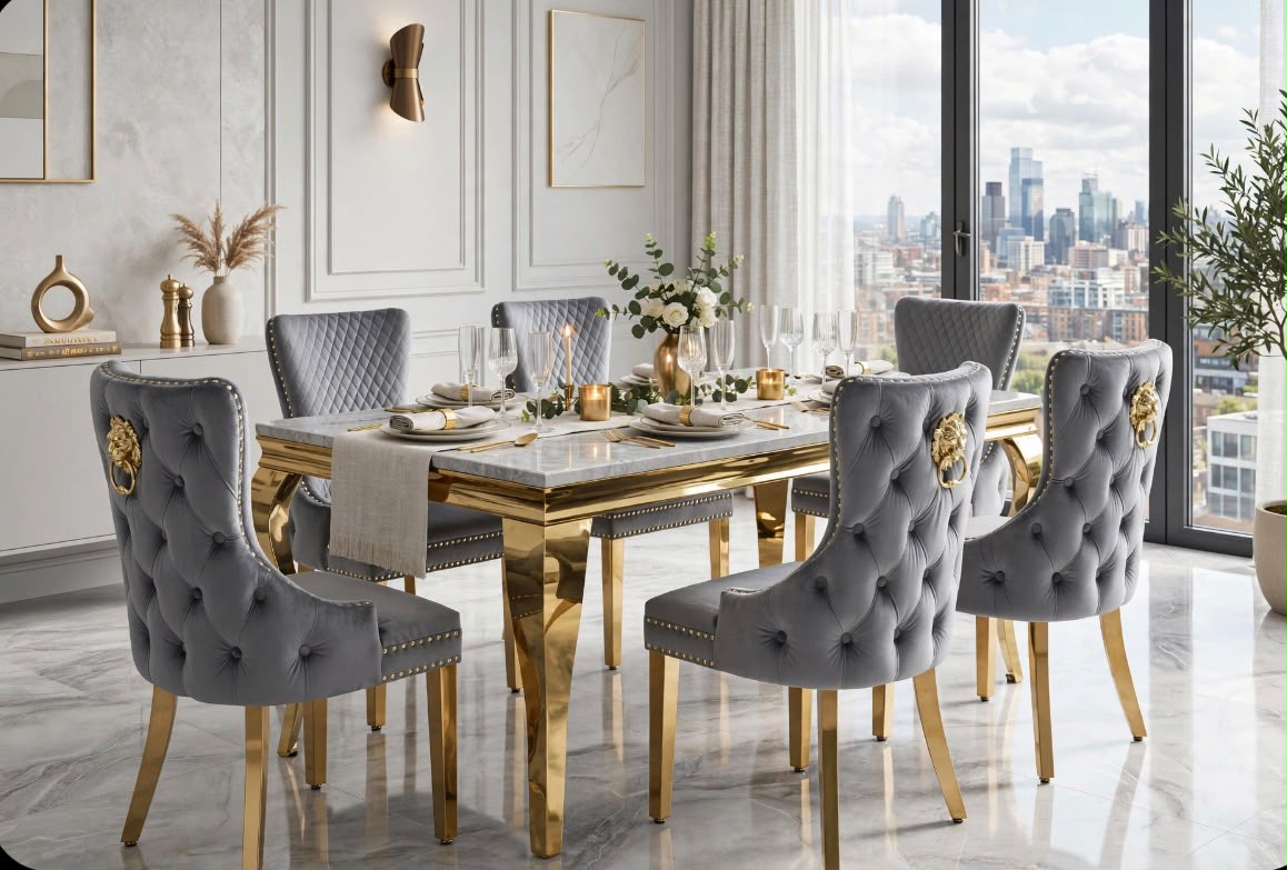 Elina White & Gold Marble & Gold Dining Set with Grey Victoria Lion Knocker Chairs