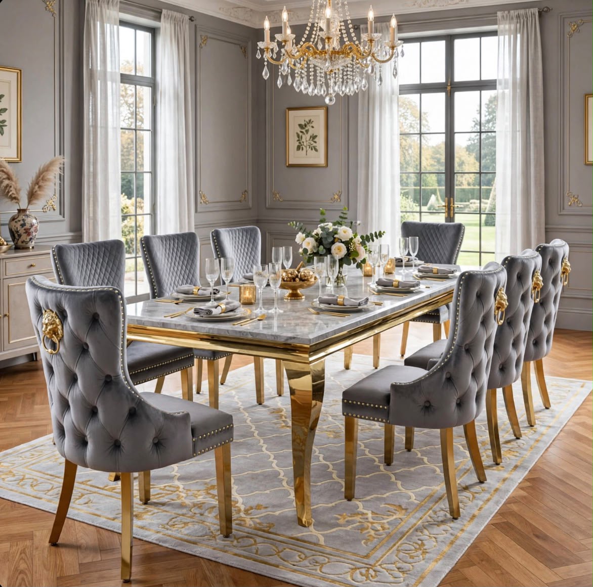 Elina White & Gold Marble & Gold Dining Set with Grey Victoria Lion Knocker Chairs