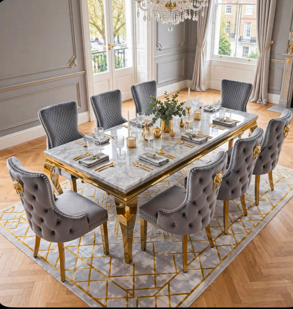 Elina White & Gold Marble & Gold Dining Set with Grey Victoria Lion Knocker Chairs