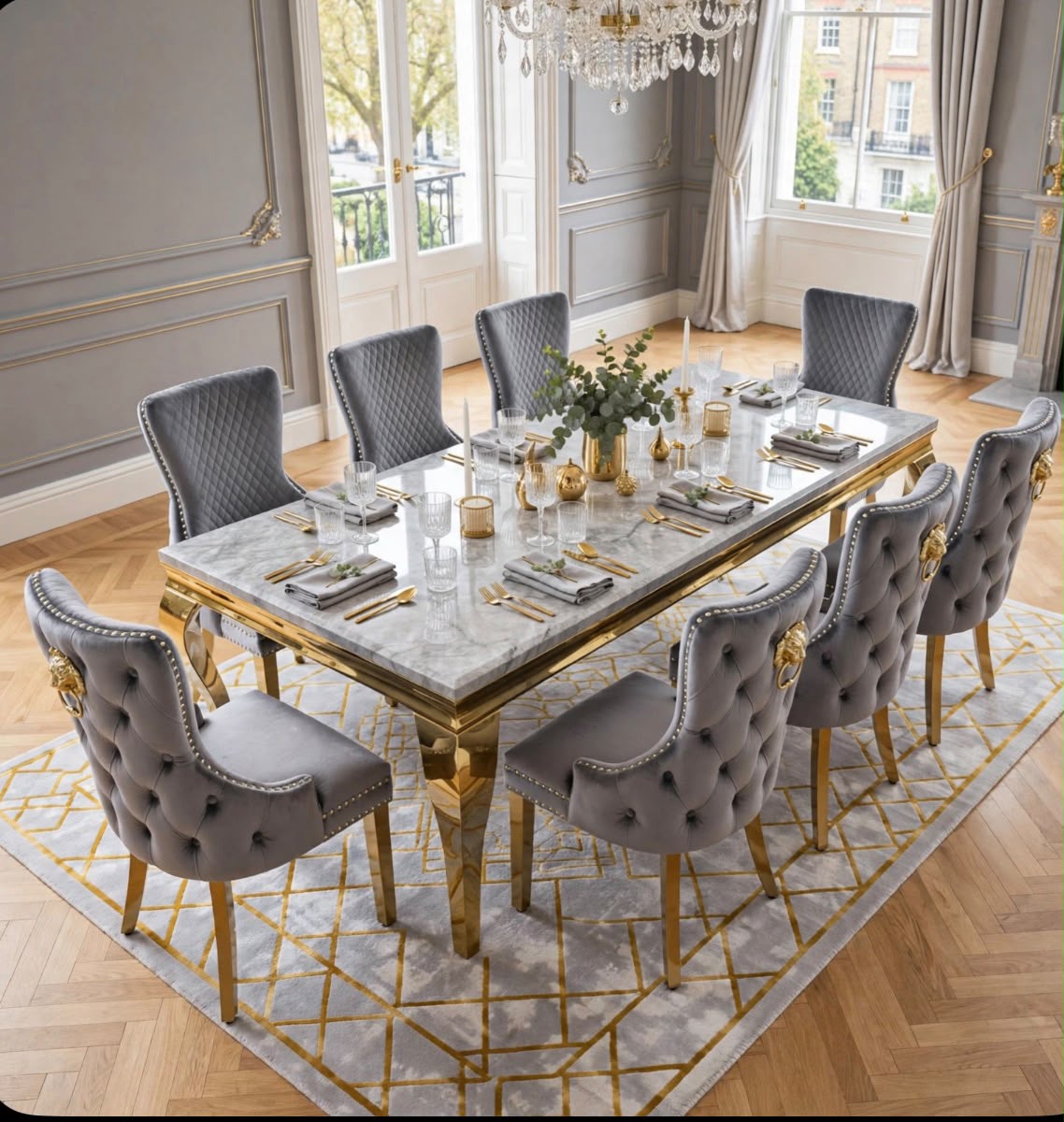 Elina White & Gold Marble & Gold Dining Set with Grey Victoria Lion Knocker Chairs