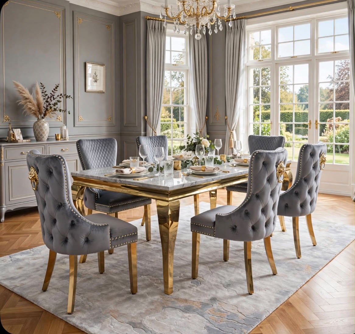 Elina White & Gold Marble & Gold Dining Set with Grey Victoria Lion Knocker Chairs