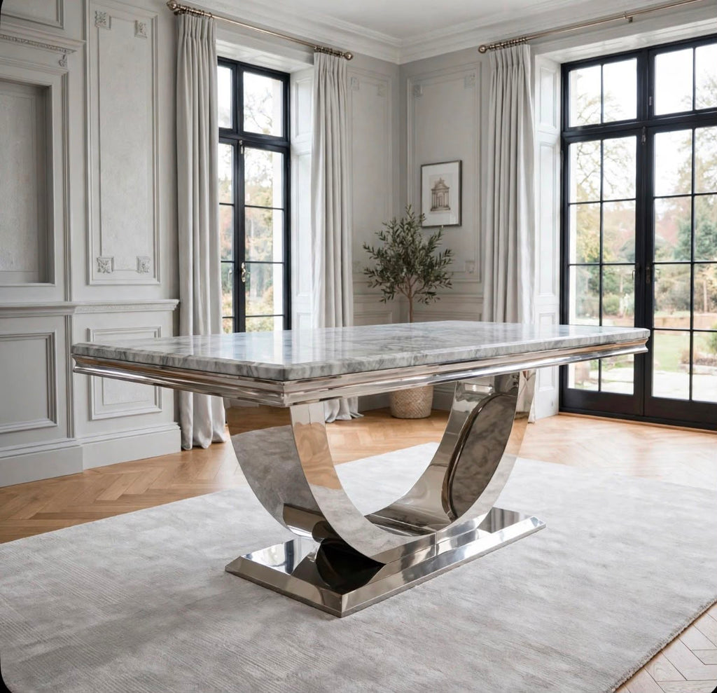 London Grey Marble & Chrome Dining Table Light Grey marble luxury marble dining table