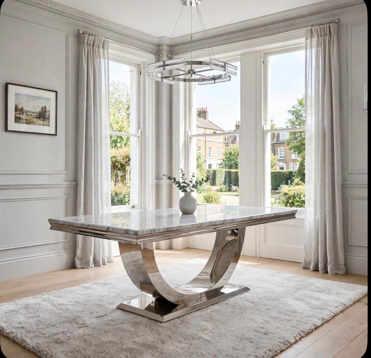 London Grey Marble & Chrome Dining Table Light Grey marble luxury marble dining table