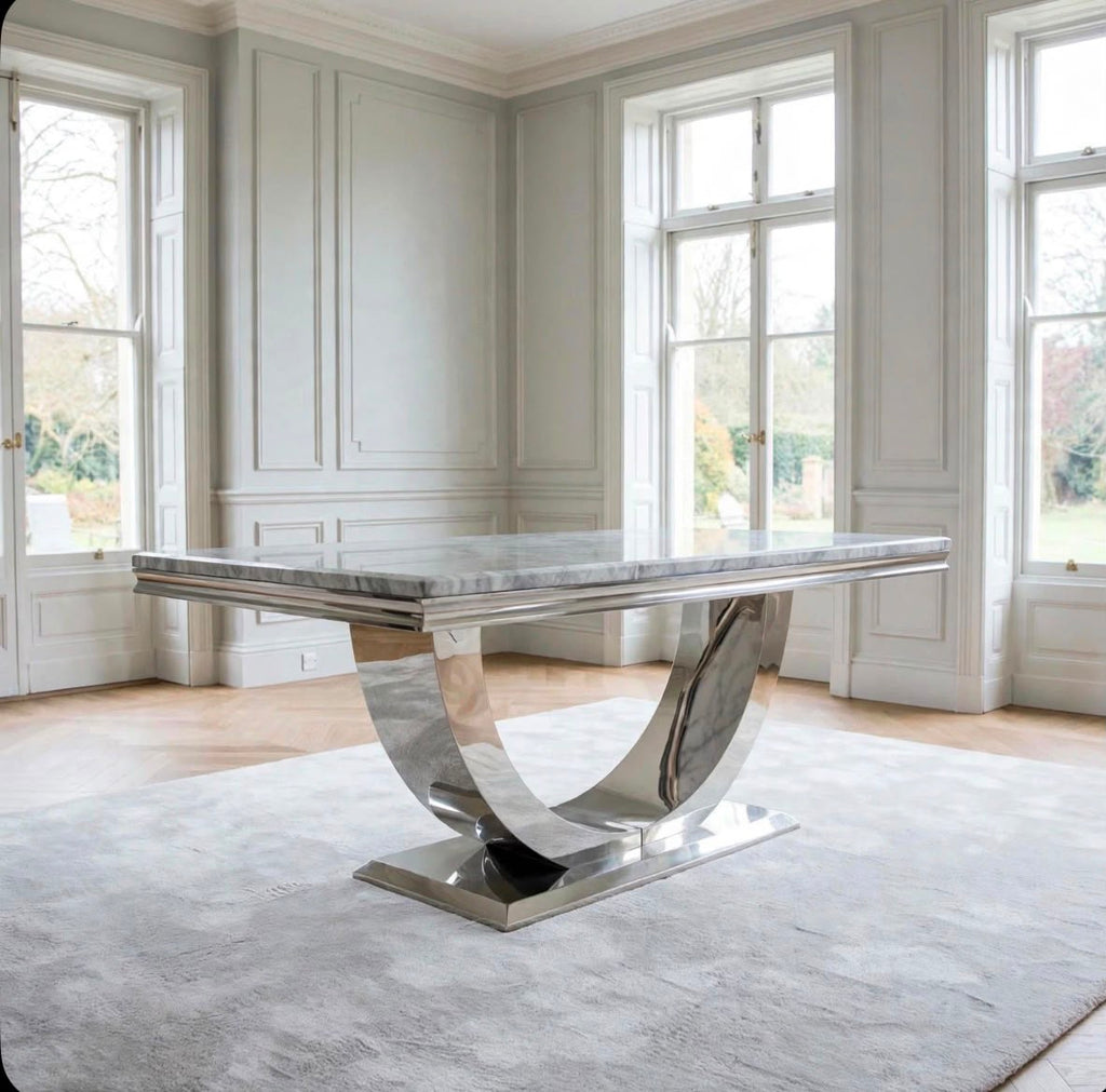 London Grey Marble & Chrome Dining Table Light Grey marble luxury marble dining table