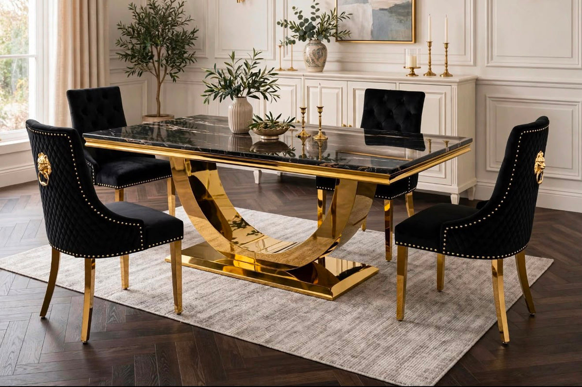 Louis Black & Gold Marble & Gold Dining Set with Black Majestic Lion Knocker Chairs