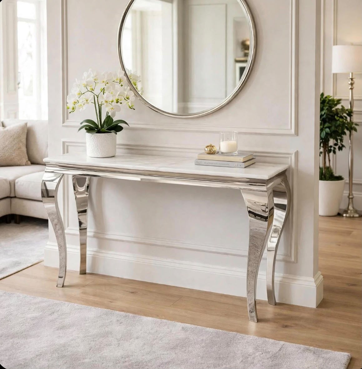 Louis Cream Marble & Chrome Console Table Cream marble luxury console table