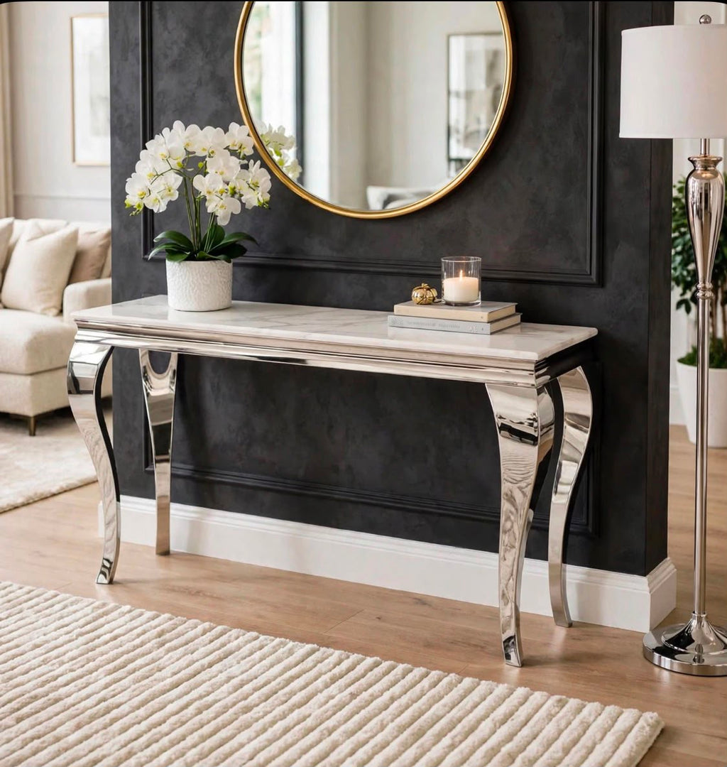 Louis Cream Marble & Chrome Console Table Cream marble luxury console table