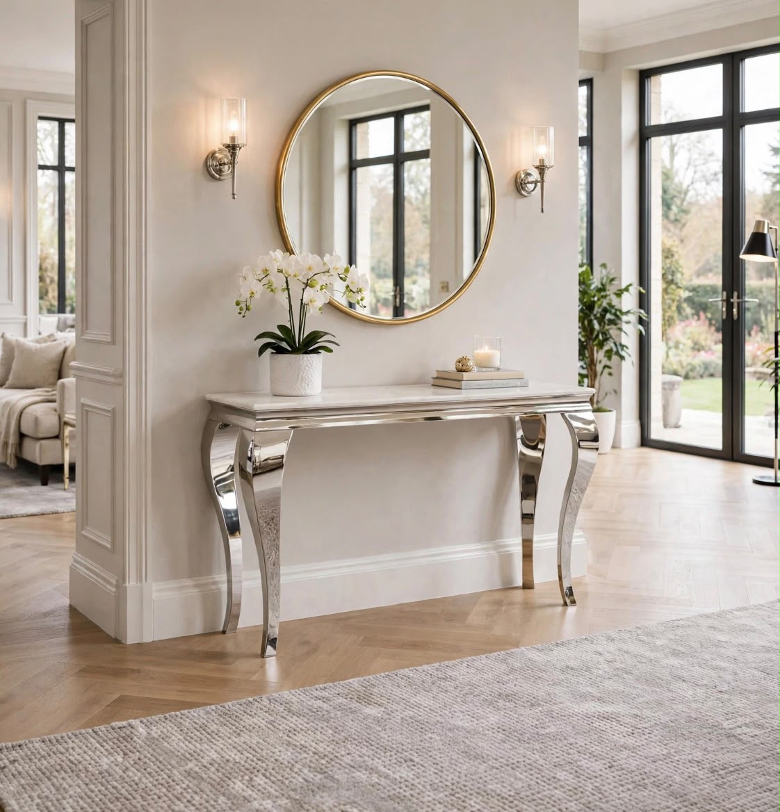 Louis Cream Marble & Chrome Console Table Cream marble luxury console table