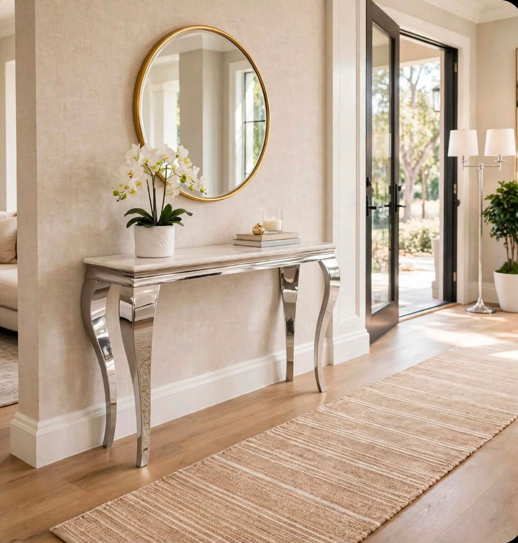 Louis Cream Marble & Chrome Console Table Cream marble luxury console table