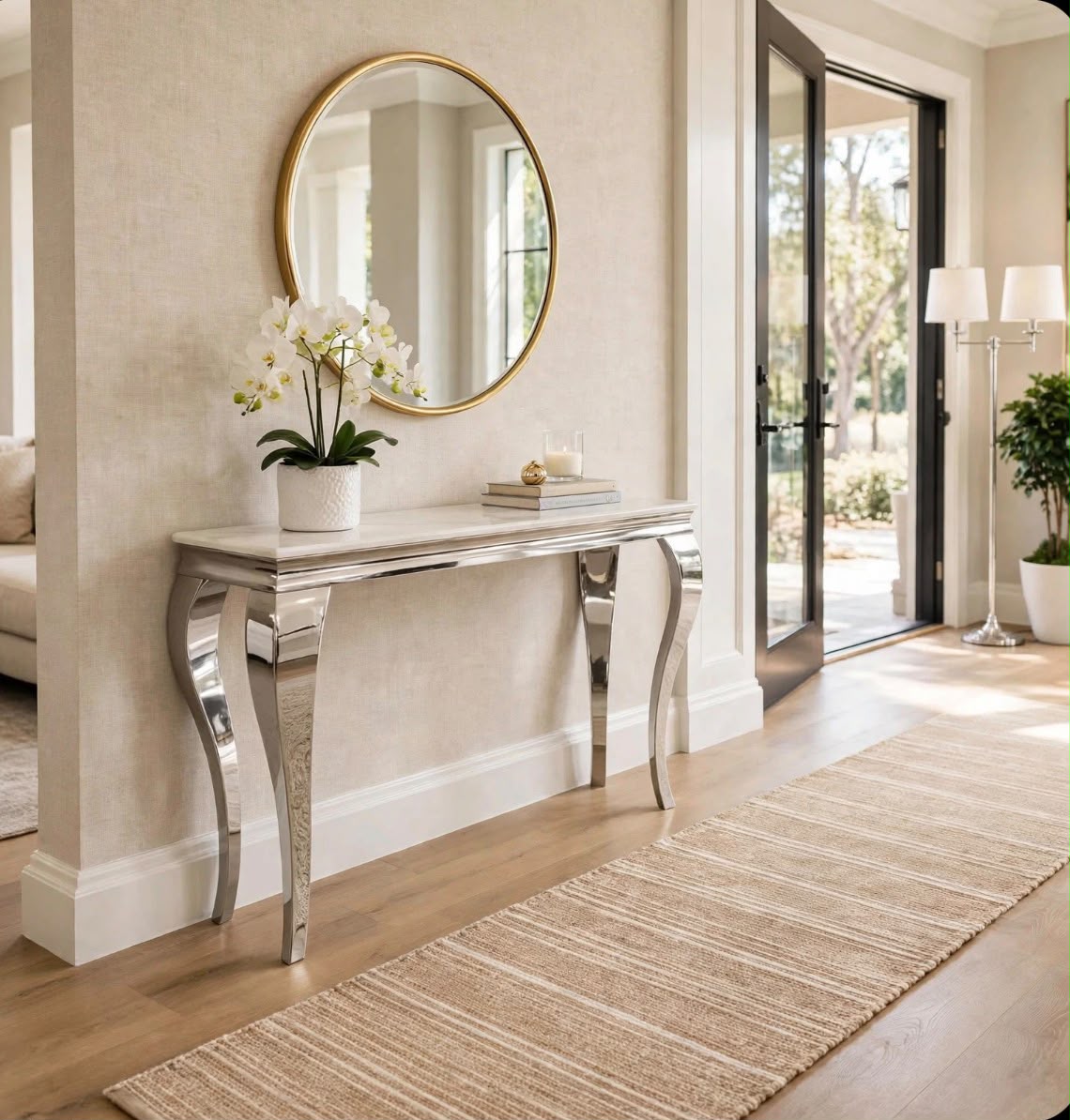 Louis Cream Marble & Chrome Console Table Cream marble luxury console table