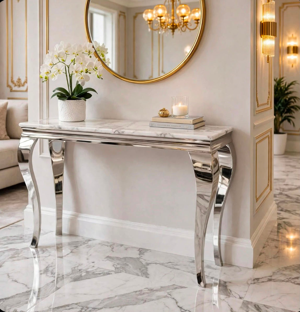Louis Cream Marble & Chrome Console Table Cream marble luxury console table