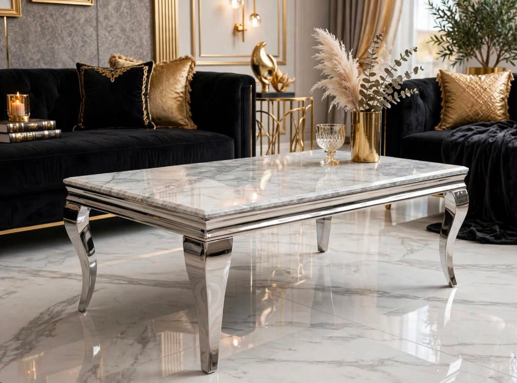 Louis Grey Marble & Chrome Coffee Table Light Grey marble luxury coffee table