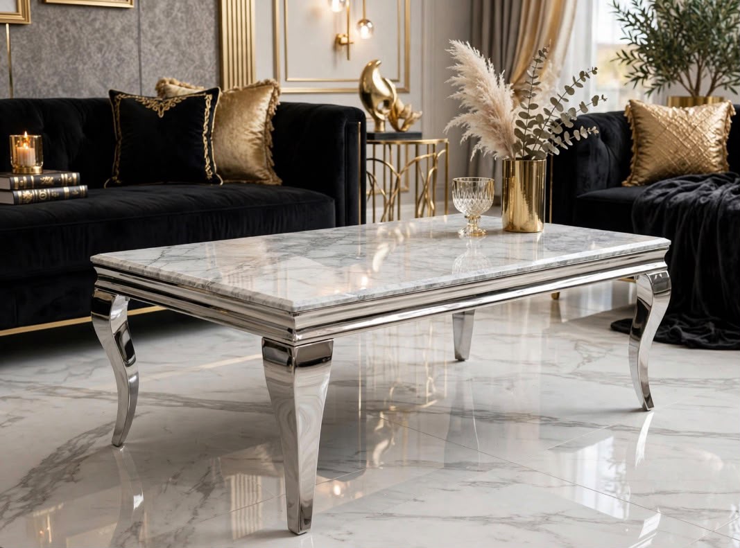Louis Grey Marble & Chrome Coffee Table Light Grey marble luxury coffee table