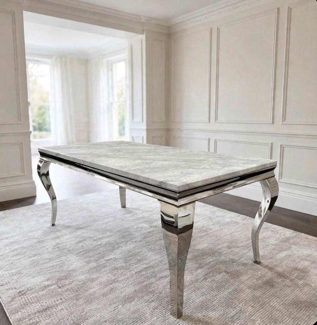 Louis Grey Marble & Chrome Dining Table Light Grey marble luxury marble dining table