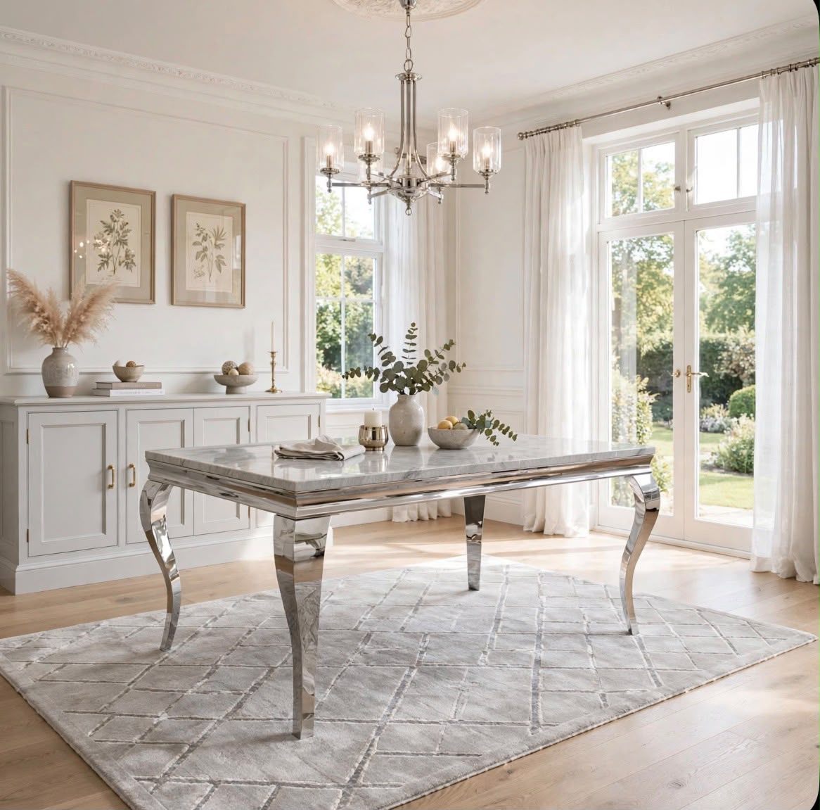 Louis Grey Marble & Chrome Dining Table Light Grey marble luxury marble dining table