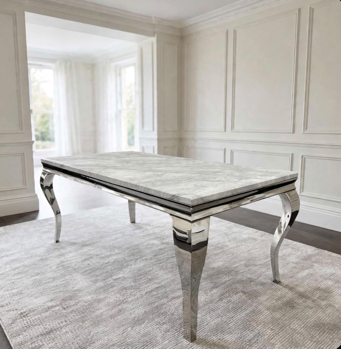 Louis Grey Marble & Chrome Square Dining Table 100cm Light Grey marble luxury marble dining table