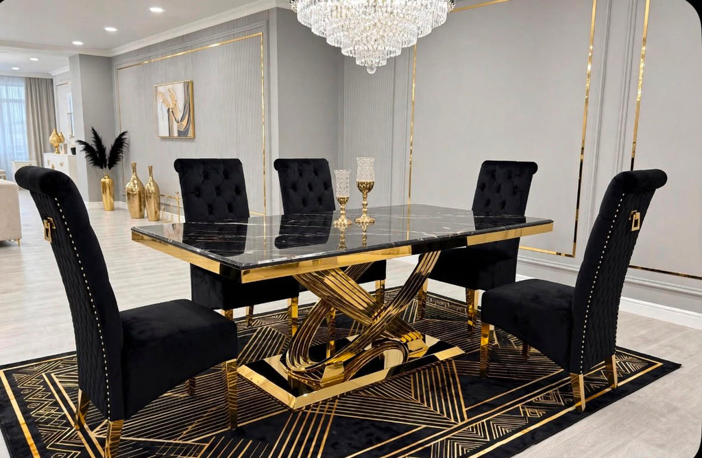 Louis Black & Gold Marble & Gold Dining Set with Black Majestic Lion Knocker Chairs