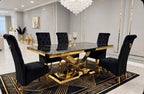 Louis Black & Gold Marble & Gold Dining Set with Black Majestic Lion Knocker Chairs