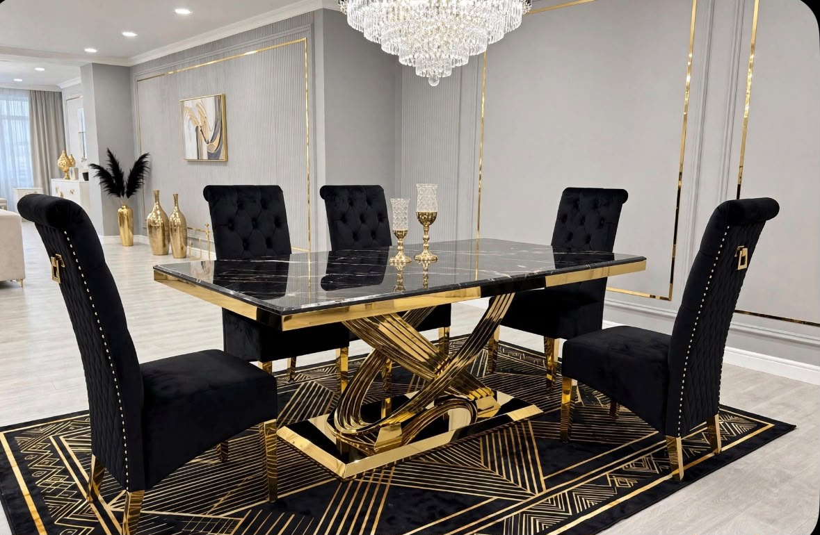 Louis Black & Gold Marble & Gold Dining Set with Black Majestic Lion Knocker Chairs