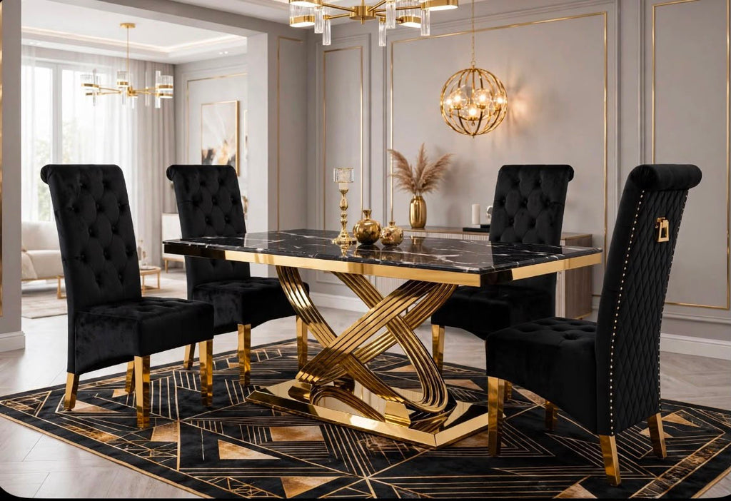 Louis Black & Gold Marble & Gold Dining Set with Black Majestic Lion Knocker Chairs