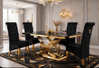 Louis Black & Gold Marble & Gold Dining Set with Black Majestic Lion Knocker Chairs